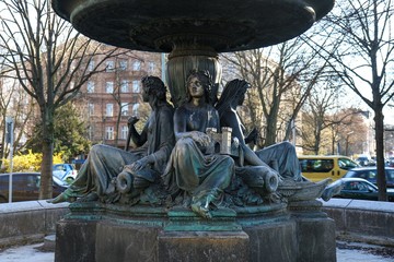 Wrangelbrunnen, a fountain in Berlin-Kreuzberg, built in 1877 by Hugo Hagen. Four figures personifying the four rivers Rhine, Vistula, Elbe and Oder. Marble, granite and bronze - neoclassicism
