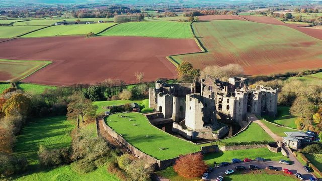 Aerial view of a large medieval castle showing the turrets, walls and moat (Raglan Castle, South Wales)