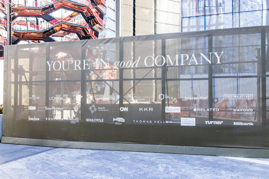 New York City, USA - October 27, 2017: NYC modern building entrance with sign in Chelsea West Side by Hudson Yards, corporate business mall