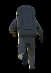 running astronaut from behind, isolated on black background © dottedyeti