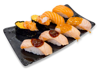 Salmon Aburi set, focus selective.