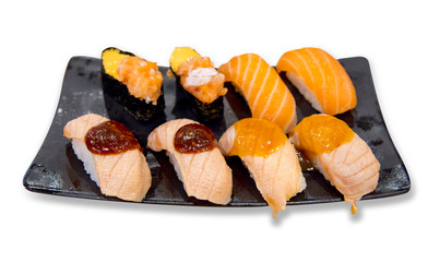 Salmon Aburi set, focus selective.