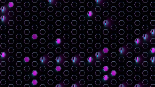 Abstract technological background made of hexagons with neon glow. Colorful hexagon honeycomb.