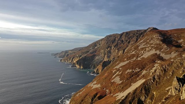 Aerial of Slieve League Cliffs are among the highest sea cliffs in Europe rising 1972 feet or 601 meters above the Atlantic Ocean - County Donegal, Ireland