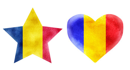 Watercolor star and heart flag background. Set. Chad 