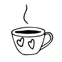 Hand drawn illustration. A Cup with a hot drink, two hearts are depicted.  For Valentine's day decoration, simple, primitive, funny.