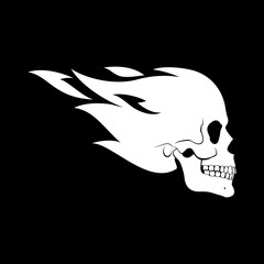 Flying Fire Skull Illustration Design Template. Suitable for Creative Industry, Multimedia, Entertainment. Monochrome Drawing Isolated on Black