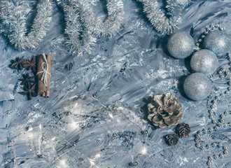 Christmas decorations on a gray background with luminous lights