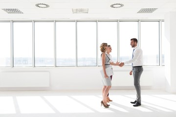 Businessman shaking hands with businesswoman with her secretary in new office © MDBPIXS