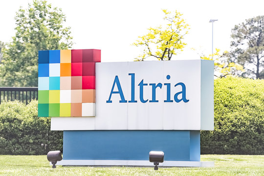 Richmond, USA - May 14, 2018: Altria Office Sign In Virginia Capital City Tobacco Business Closeup By Road Street, Parent Company Of Philip Morris