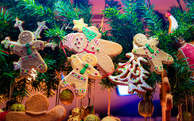 Gingerbread cookies on Christmas market in Germany in Europe winter. German Night street Xmas and...