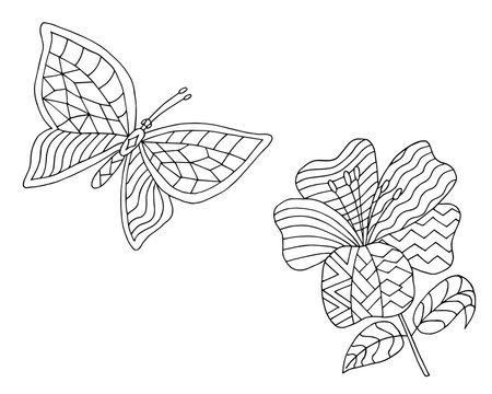 butterfly and flower coloring page contour vector illustration 