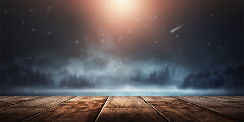 Wooden table night landscape background.