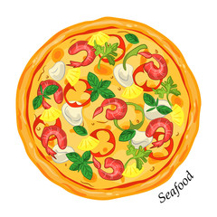 Fresh pizza seafood with cheese, shrimp , herbs, pineapple slices, pepper. Traditional italian fast food. Top view meal. Isolated white background. Vector illustration.