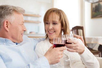 Smiling mature couple toasting wineglasses while sitting on sofa at home