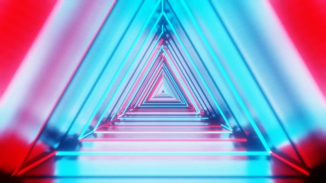 Abstract animated background with blue, purple, red light move seamless loop.Triangle shape with blur aura. 3D Neon light. EDM. Electronic music backdrop with saturated color. Colorful.