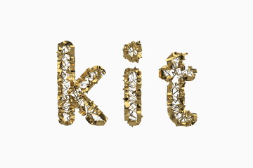 The word Kit is made by gold wired jewelry letters isolated on white background. 3D illustration image