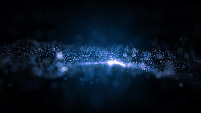 Abstract premium wave animated motion graphic on black background, seamless loop. Animation. White and blue particles move on middle backdrop.