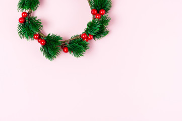 Advent Wreath on Paper Pink Background Modern Minimal Christmas Concept Top View Horizontal Copy Space