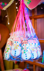 Gingerbread cookies in Christmas market in Germany Europe winter. German Night street Xmas and...