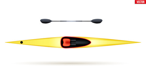 Single Kayak and paddle for water sports. Top view of Equipment whitewater sprint kayaking. Vector Illustration isolated on white background.