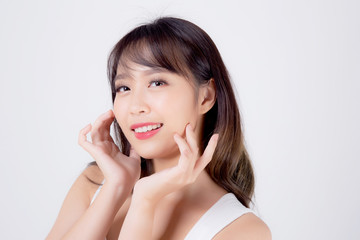 Beautiful woman asian makeup of cosmetic, beauty asia girl hand touch cheek and smile attractive, face of beauty perfect with wellness isolated on white background with skin healthcare concept.