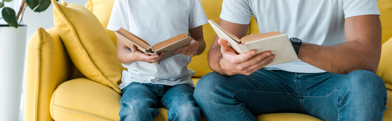 panoramic shot of father and son holding books while sitting on sofa