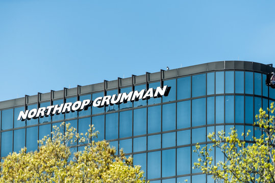 Atlanta, USA - April 20, 2018: Exterior Northrop Grumman office business building in Georgia modern glass facade with sign in capital city
