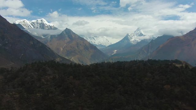 Ama Dablam and Taboche Mountains. Himalaya, Nepal. Aerial View. Drone Flies Forward