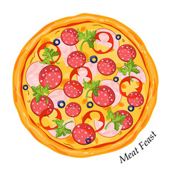 Fresh pizza meat feast with ham, sausage, olives herbs, pepper. Traditional italian fast food. Top view meal. Isolated white background. Vector illustration.