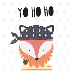 Illustration with a little fox and inscription YO HO HO. Vector illustration in a Scandinavian style.