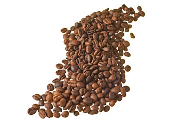 Many scattered roasted coffee beans isolated on white background without shadow. Close-up