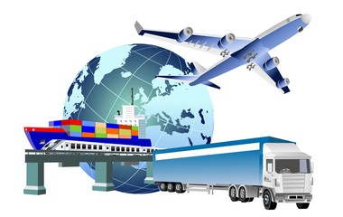 Global logistics concept, 3d vector trucks, ship, train, vector illustration