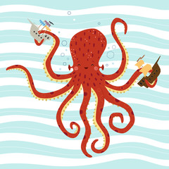 Illustration of a cute octopus on a wavy background. Vector illustration in a Scandinavian style.
