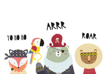 Cute Illustration with a little fox, bear with parrot and lion and inscriptions ROAR, YO HO HO, ARRR. Vector illustration in a Scandinavian style.