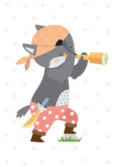 Illustration with a little pirate wolf. Vector illustration in a Scandinavian style.