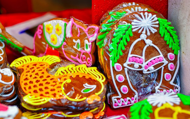 Festively decorated handmade gingerbreads at the Riga Christmas market in Latvia. Gingerbreads are one of the main sweets which people tend to gift during the Christmas period.