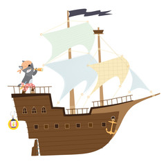 Illustration with a wolf sailor on a sailing ship in Scandinavian style on a white background. 