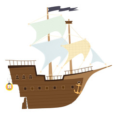 Illustration with a sailing ship in Scandinavian style on a white background. 