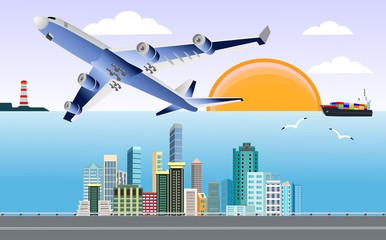 Flying airplane in the sky above the city, delivery concept. Vector Illustration 