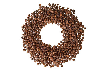 Ring made of roasted coffee beans isolated on white background without shadow. Close-up. Top view