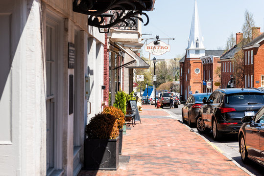 Lexington, USA - April 18, 2018: Historic downtown town city in Virginia countryside Shenandoah mountain village, sign for bistro, restaurant