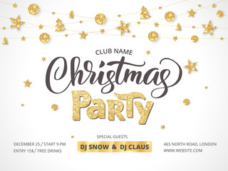 Fototapeta na wymiar White and gold Christmas party poster template. Sparkling glitter decoration