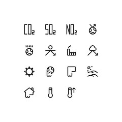 Fototapeta premium Set of global warming, contamination, danger, pollution, environment outline style icon - vector