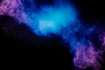 Fototapeta na wymiar Explosion of pink blue colored powder isolated on black background.Pink blue dust splash.