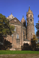 Facade of old historic Roman Catholic St Peter's Cathedral in city of Worms in Germany