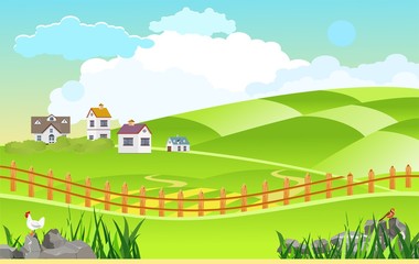  Vector illustration of Countryside landscape in summer ,farm houses, wood fence on the hills . vector concept.