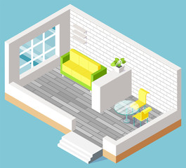 Interior of living room with new relocation of furniture, brick walls in apartment. Sofa near window, table with chairs, nobody place, architecture vector