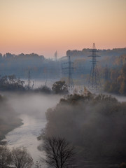 Obraz premium Autumn morning in Borovsk, Kaluga region. Golden foggy sunrise in Borovsk.
