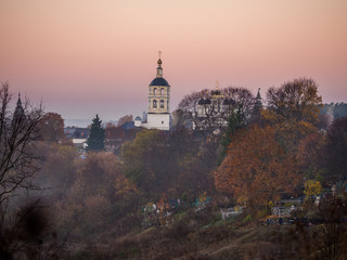 Pafnutiev-Borovsky Monastery, Borovsk, Kaluga Region. Dawn in Borovsk. Autumn dawn.